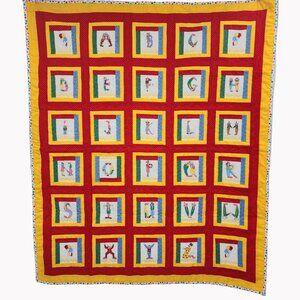 Handmade Embroidered Alphabet Quilt With Colorful Clown Theme 45x54 Inches